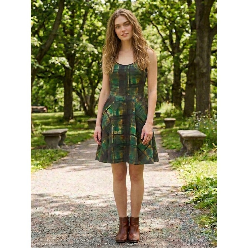 Maeve Anthropologie Dress Womens 0 Painted Green Plaid Linen‎ Blend Fit & Flare